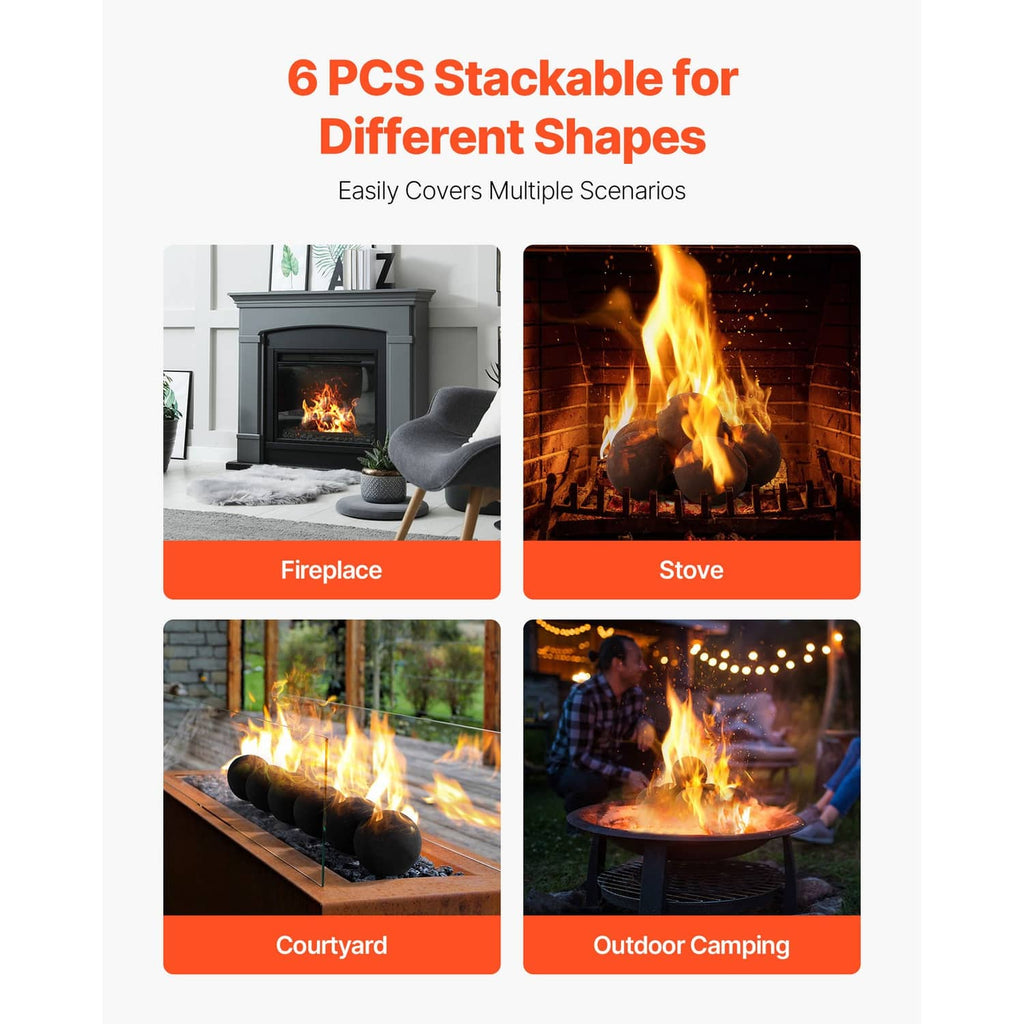 Black round ceramic fire balls for use in a fireplace, stove, and outdoors
