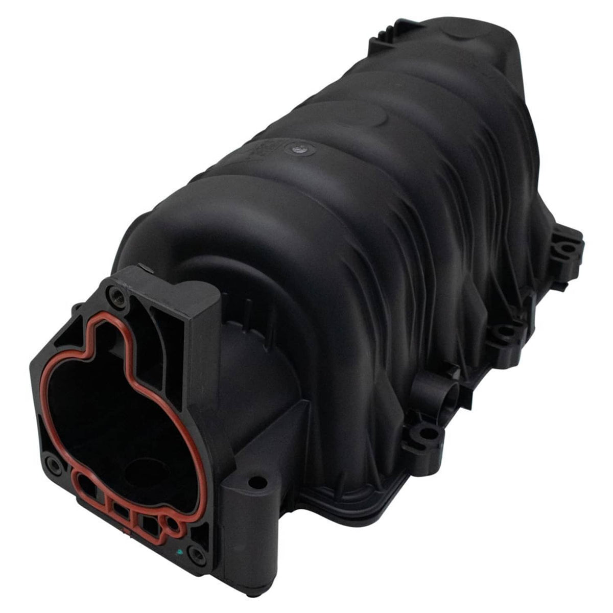 Black intake manifold with orange gasket outlet and mounting flange.
