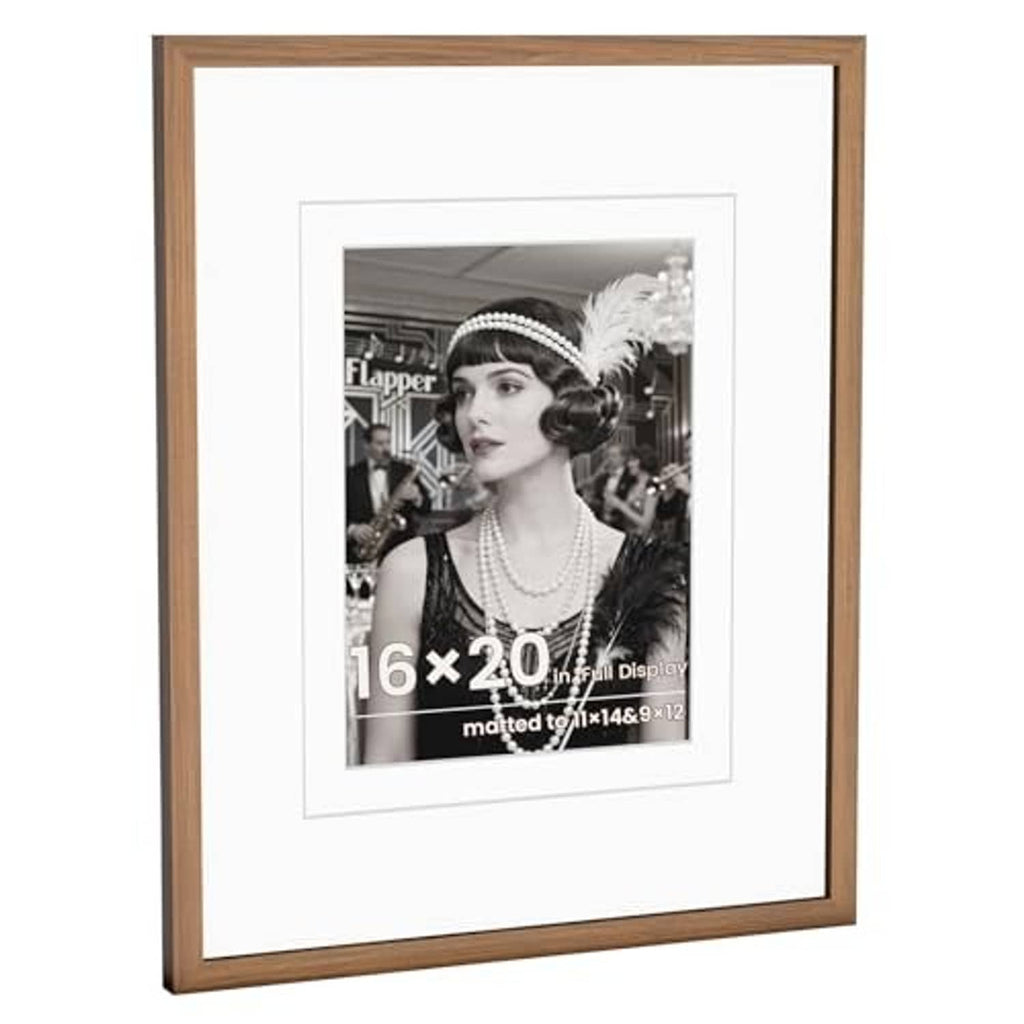Walnut wood picture frame with double mat and clear glass, front view