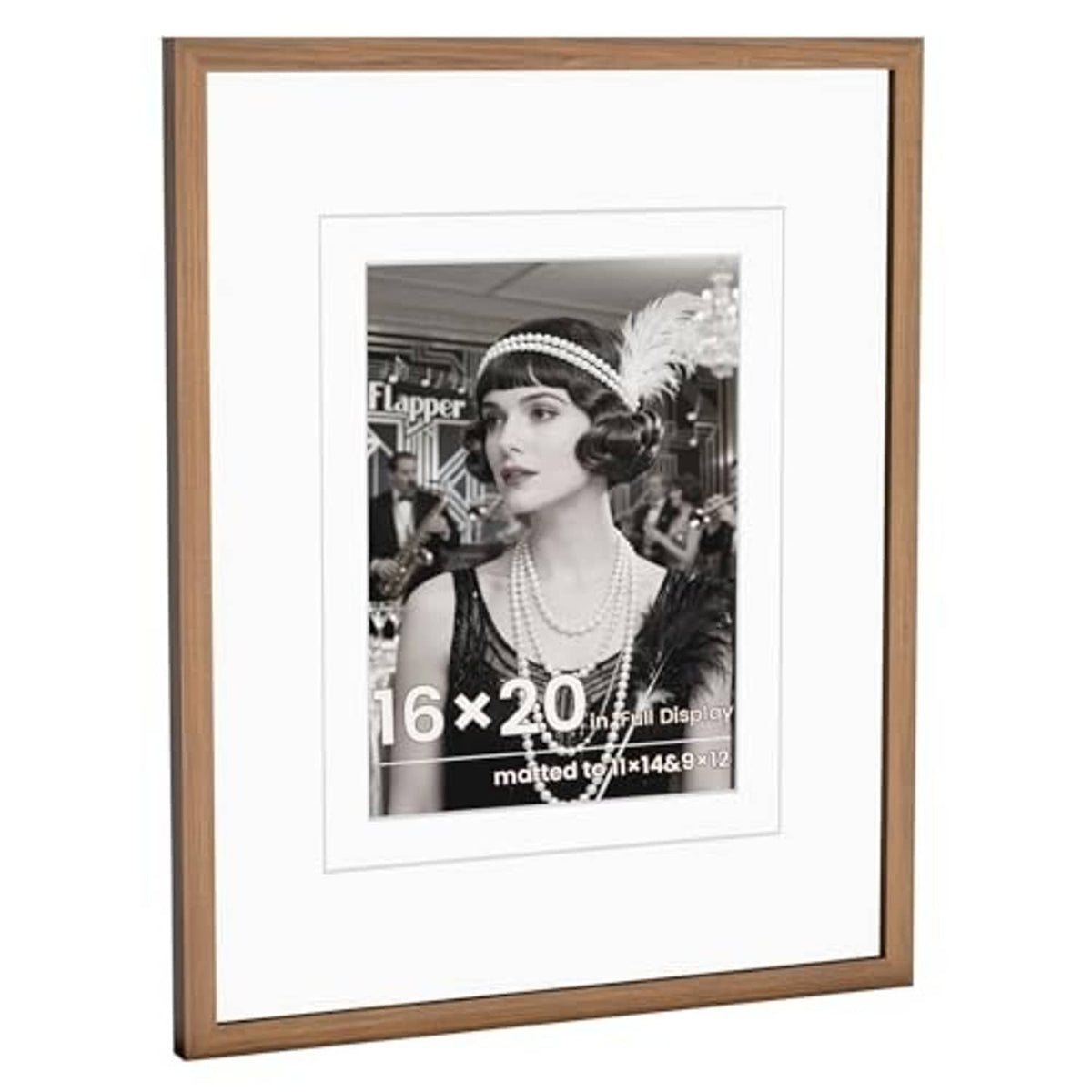 Walnut wood picture frame with double mat and clear glass, front view