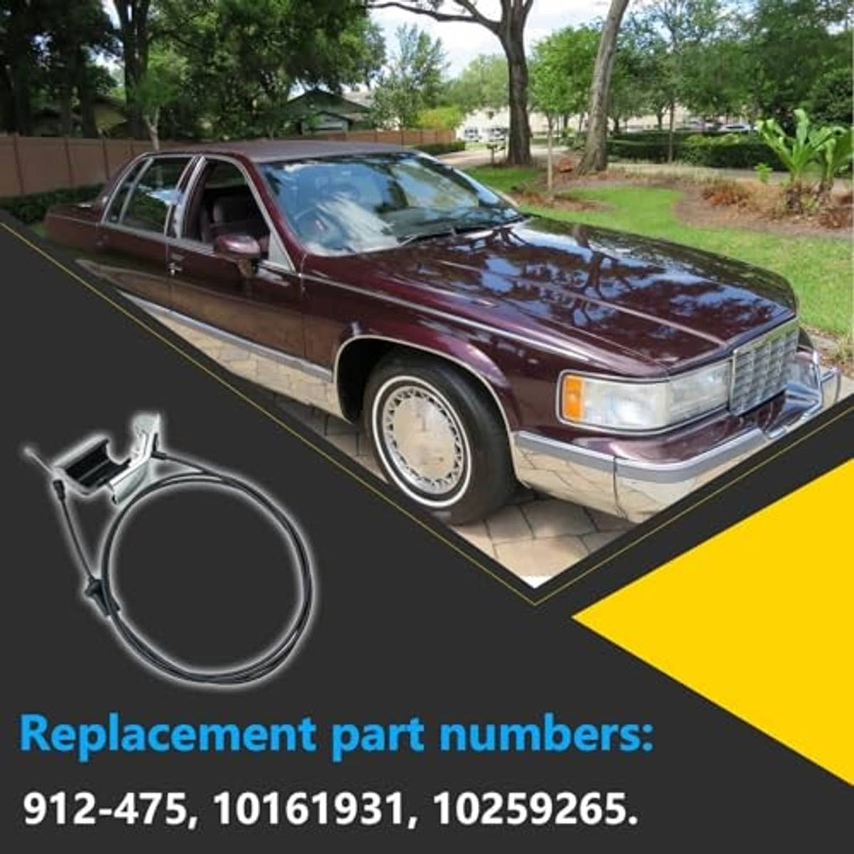 Hood latch release cable assembly with looped cable and latch handle on car view