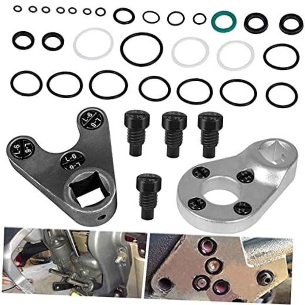 Outboard trim tilt pin wrench set with silver wrench and black pin caps, plus pins