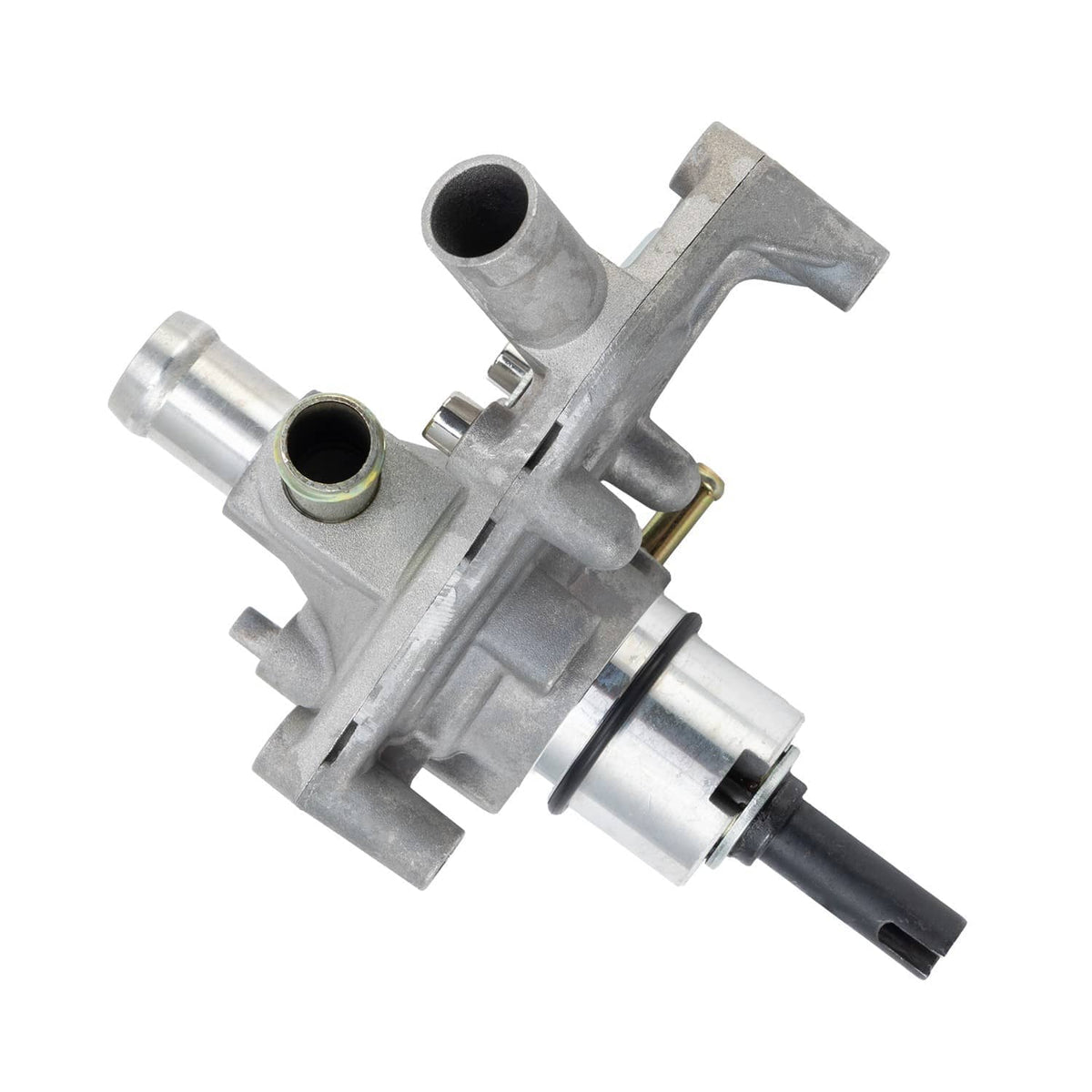 Water pump assembly three-quarter view with black hose connection and metal inlet