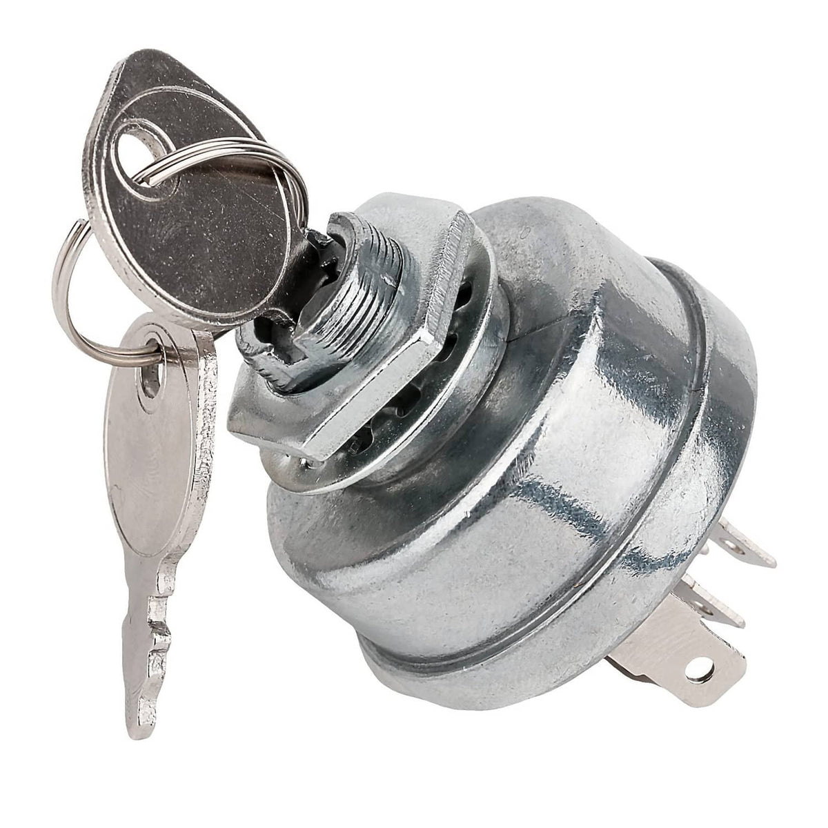 Ignition switch with grey metal canister body and two metal keys