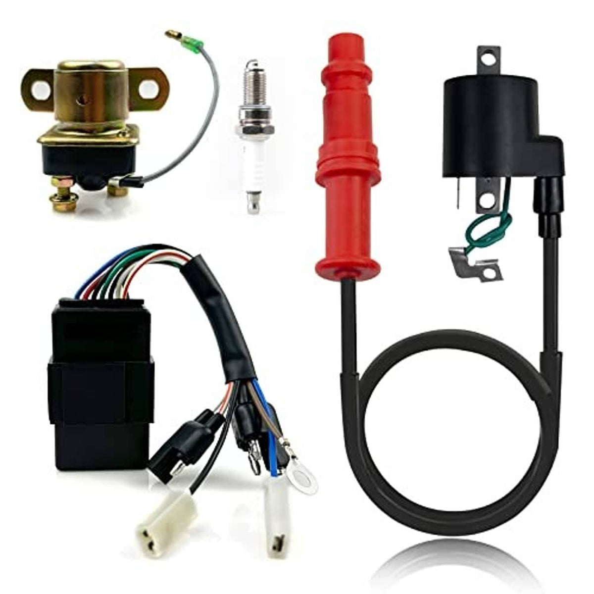 Ignition relay wiring harness kit with black module, red insulator, spark plug, and leads