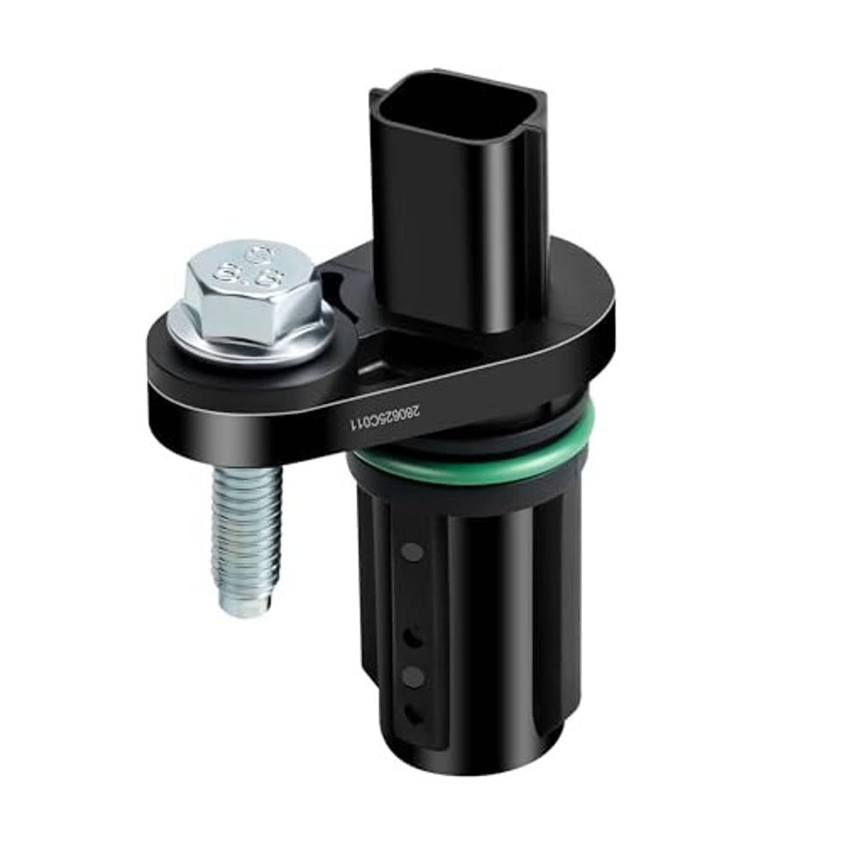 Crankshaft position sensor with black housing, green seal ring, and silver hex bolt