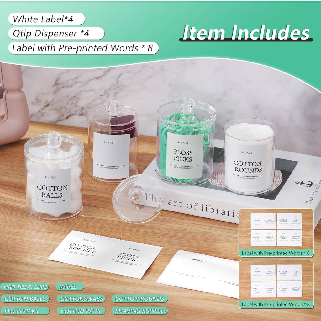 Clear organizer jars with round lids plus label cards and a small dispenser piece