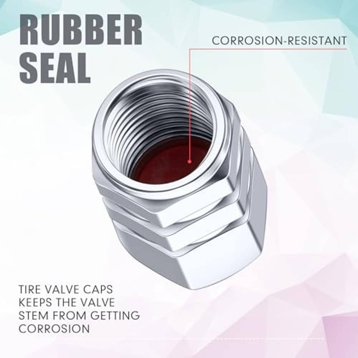 Hex tire valve stem cap with threaded opening and rubber seal inside, chrome metal