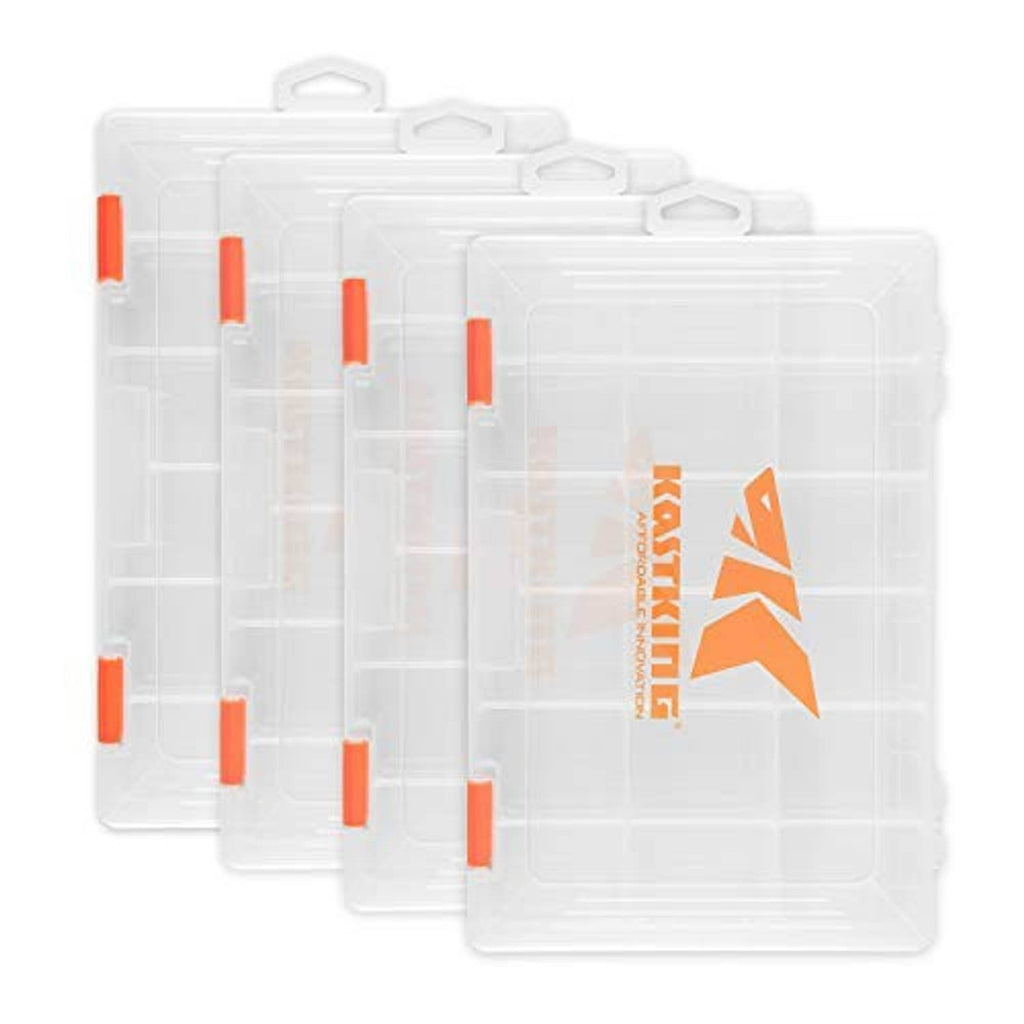 Clear plastic 4-pack tackle boxes with orange latches, stacked front view