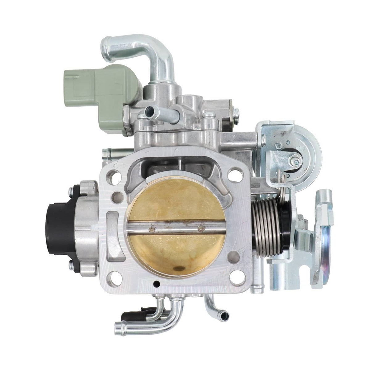Throttle body valve assembly with silver housing and gold-toned throttle plate