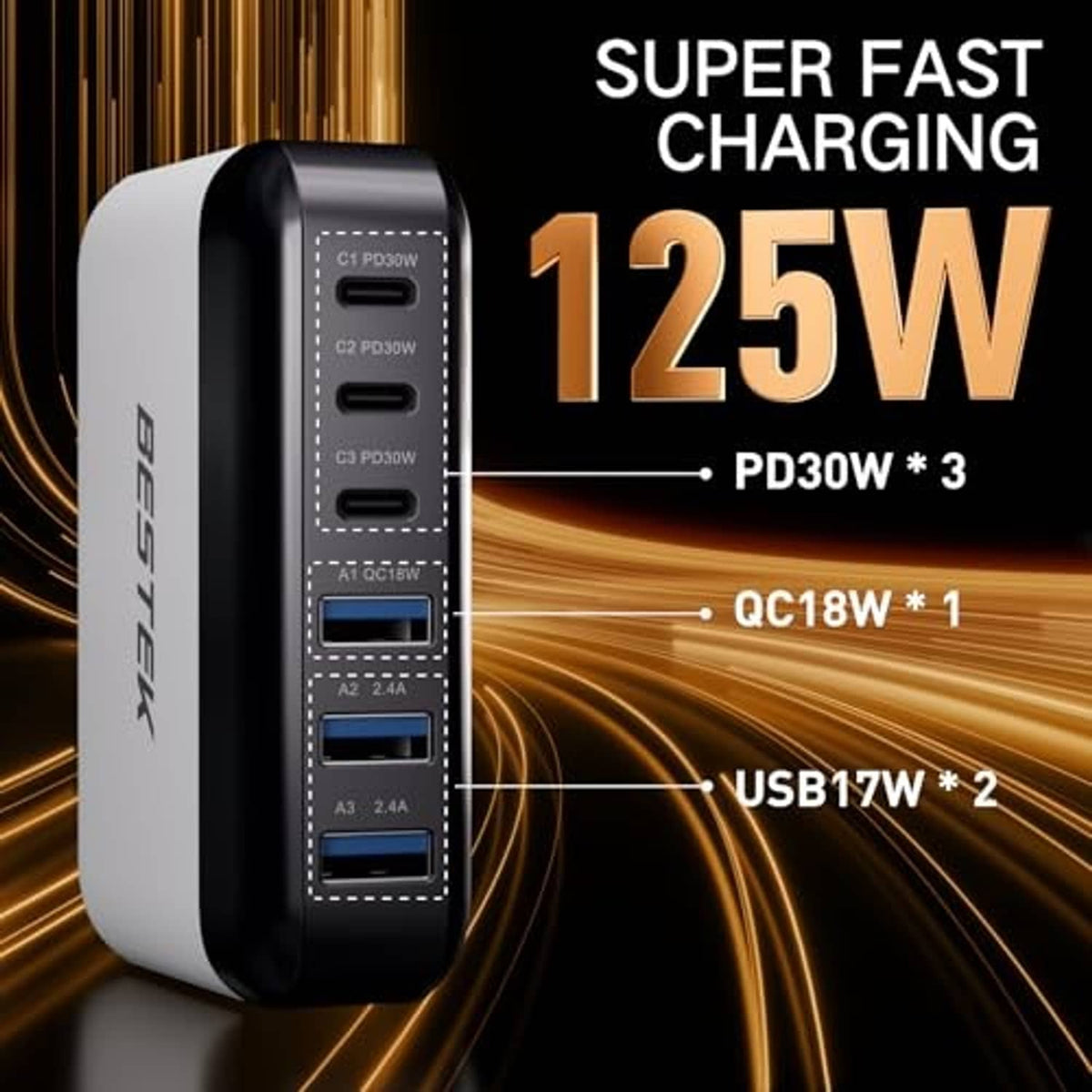 White and black 125W multi-port car USB charger with stacked port panel