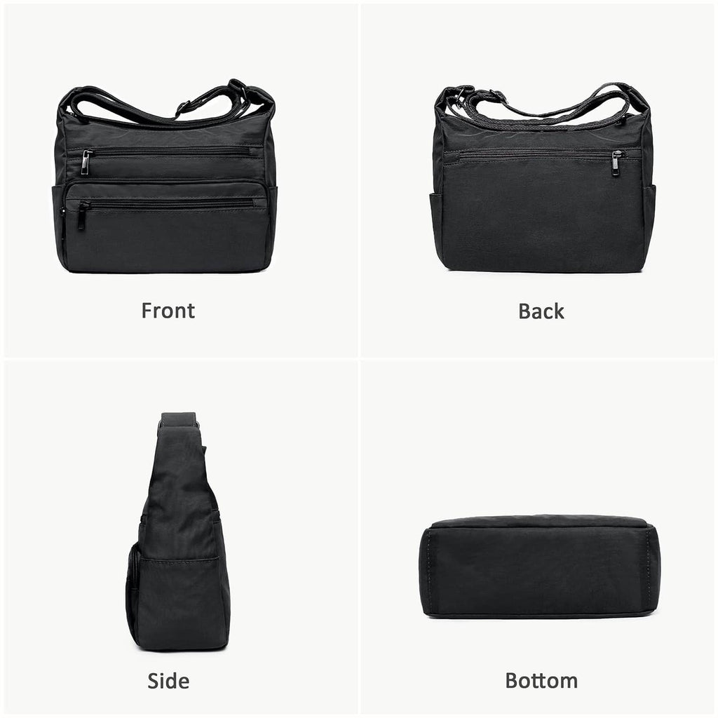 Black nylon purse shown from front, back, side, and bottom with multiple zippers