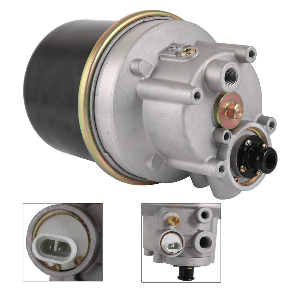 Air dryer valve with black reservoir and silver aluminum body, side inlet and outlets