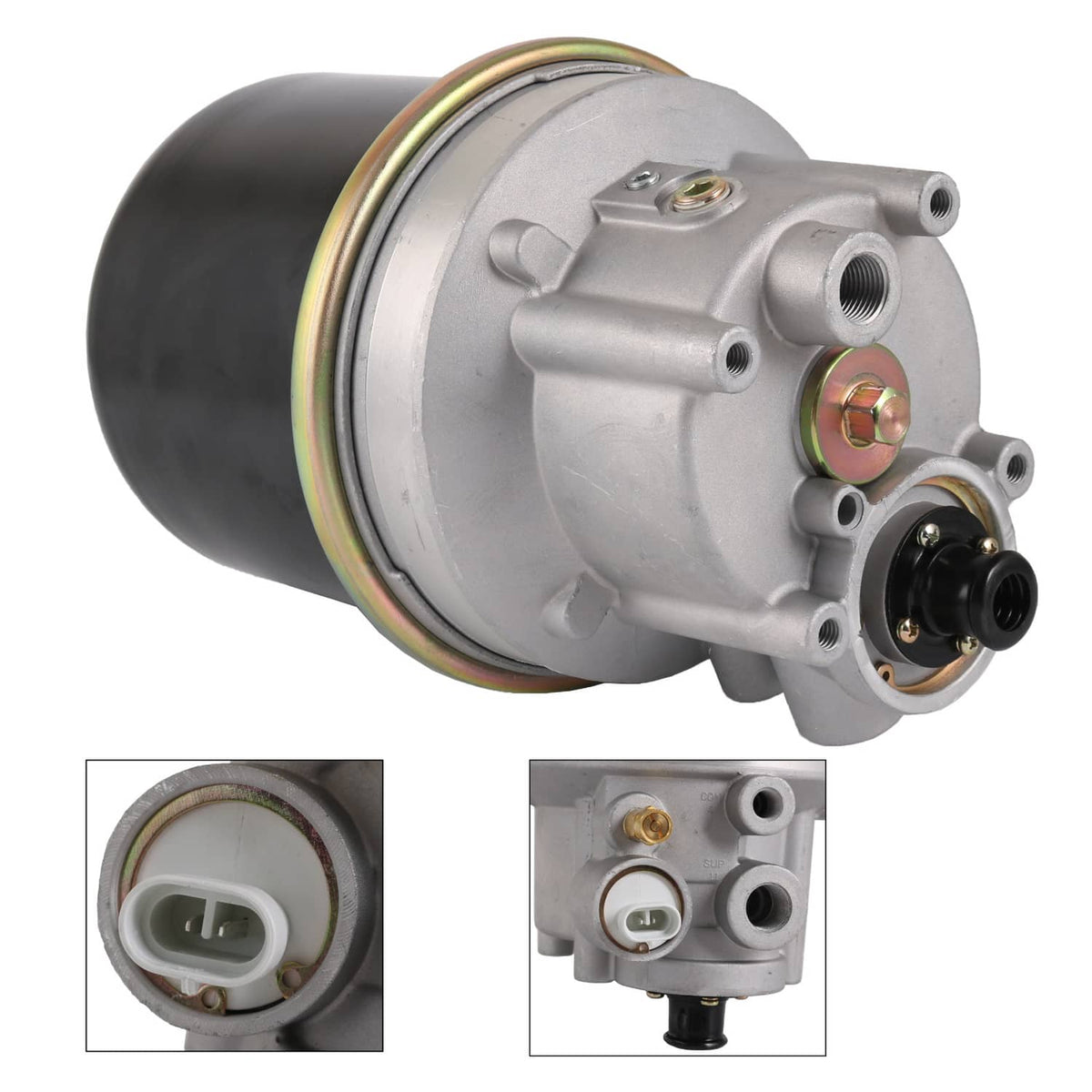 Air dryer valve with black reservoir and silver aluminum body, side inlet and outlets