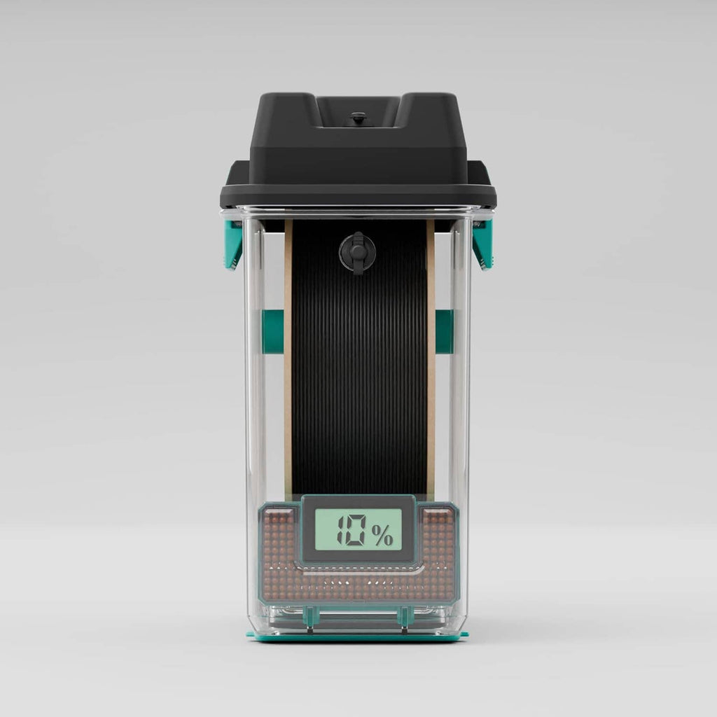 3D filament drying box front view with black spool inside and turquoise % humidity display