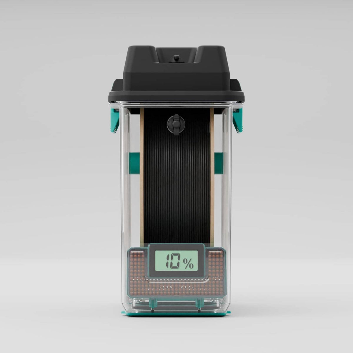 3D filament drying box front view with black spool inside and turquoise % humidity display