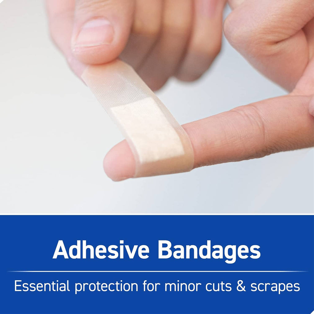 Adhesive bandage on finger with minor cut protection shown on a first aid care graphic