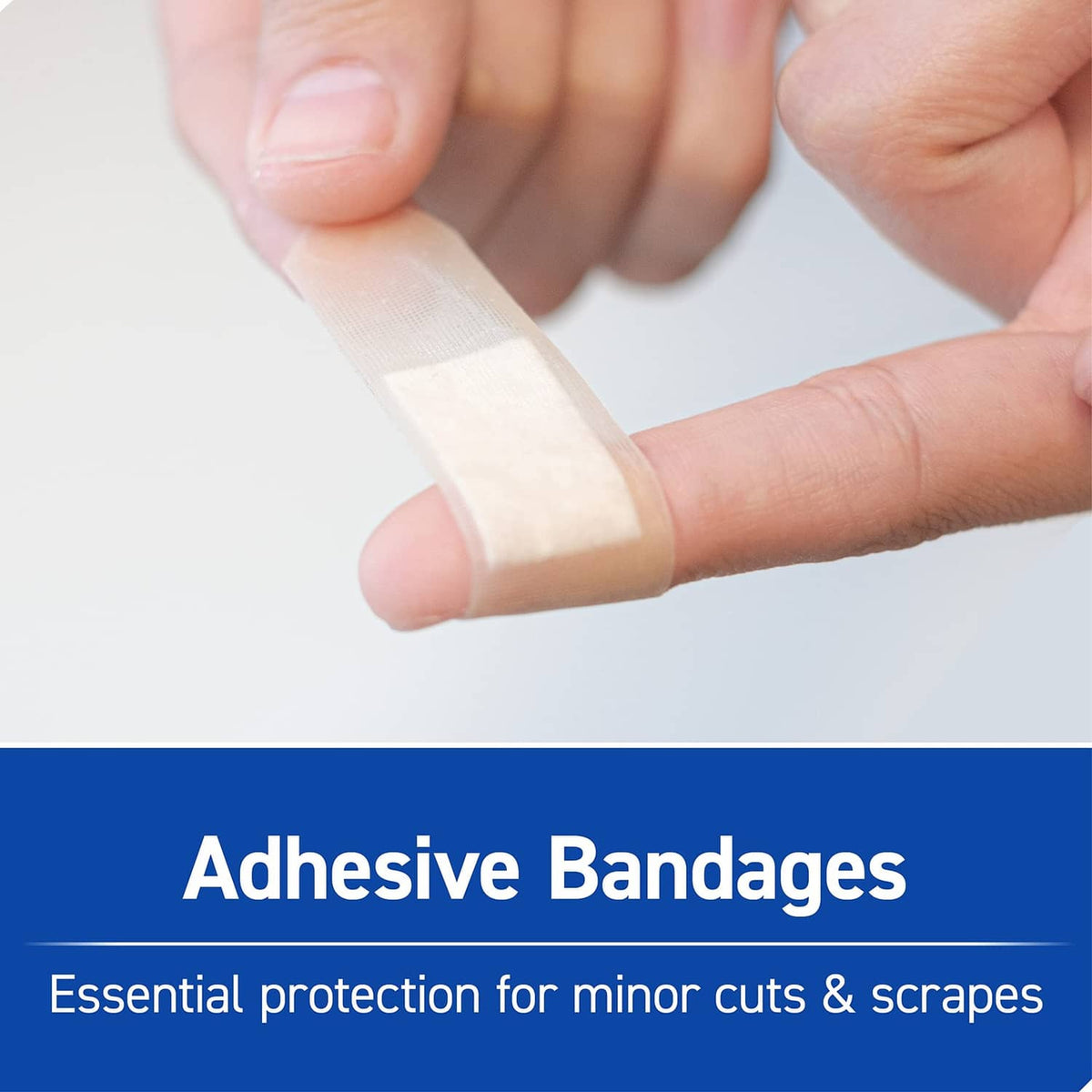 Adhesive bandage on finger with minor cut protection shown on a first aid care graphic