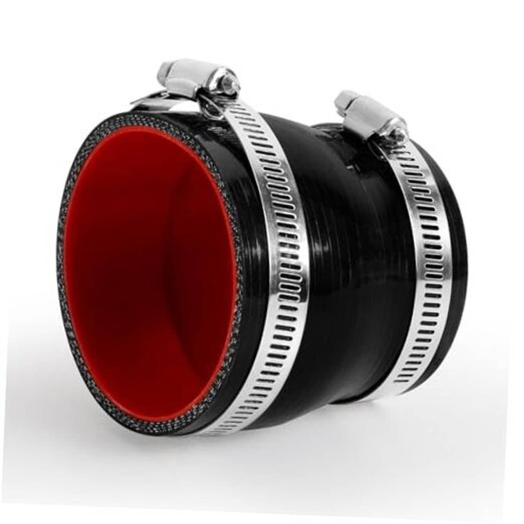 Black silicone reducer hose with red lining and two metal hose clamps