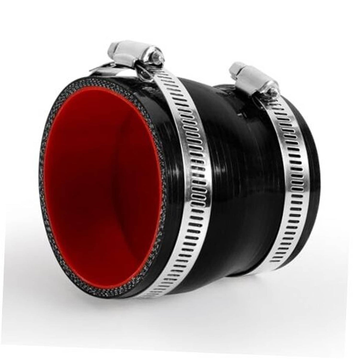 Black silicone reducer hose with red lining and two metal hose clamps
