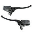 Black motorcycle hydraulic brake master cylinder with lever, compact reservoir
