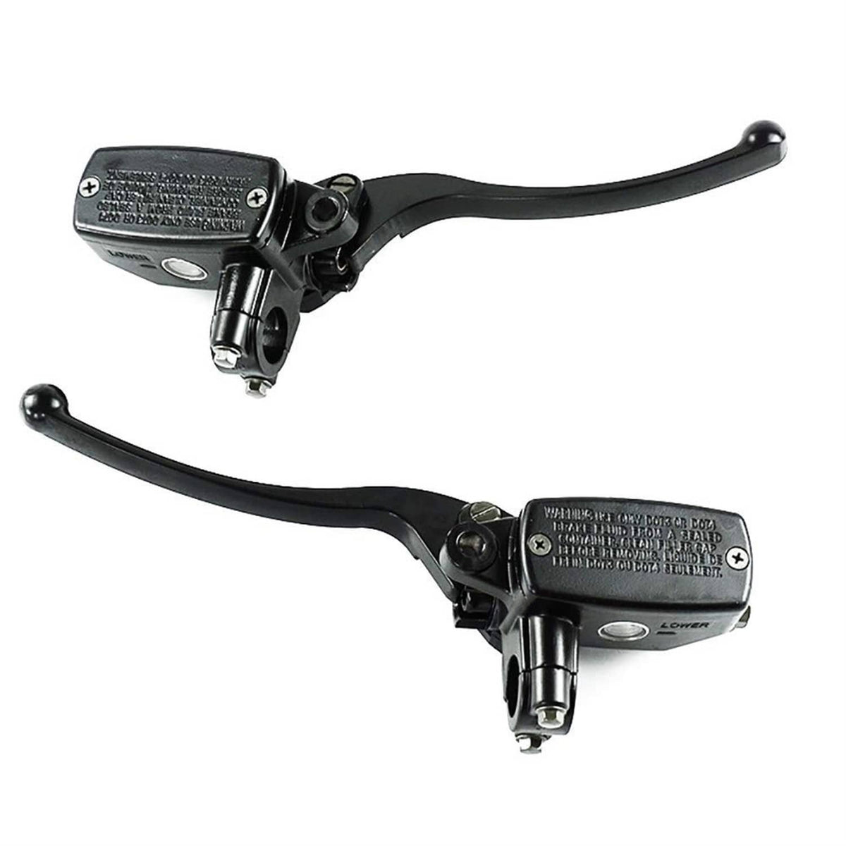 Black motorcycle hydraulic brake master cylinder with lever, compact reservoir