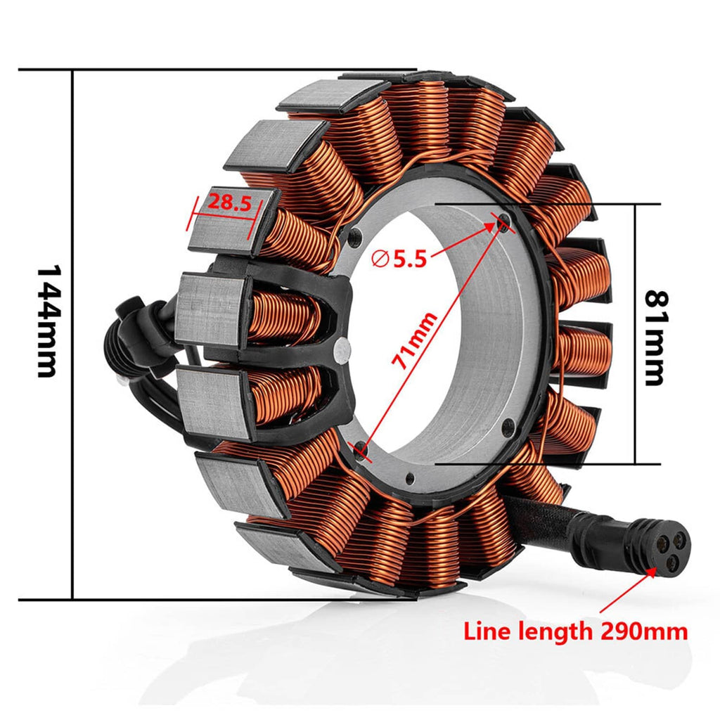 Generator stator coil dimensions view with copper windings and gray rotor core