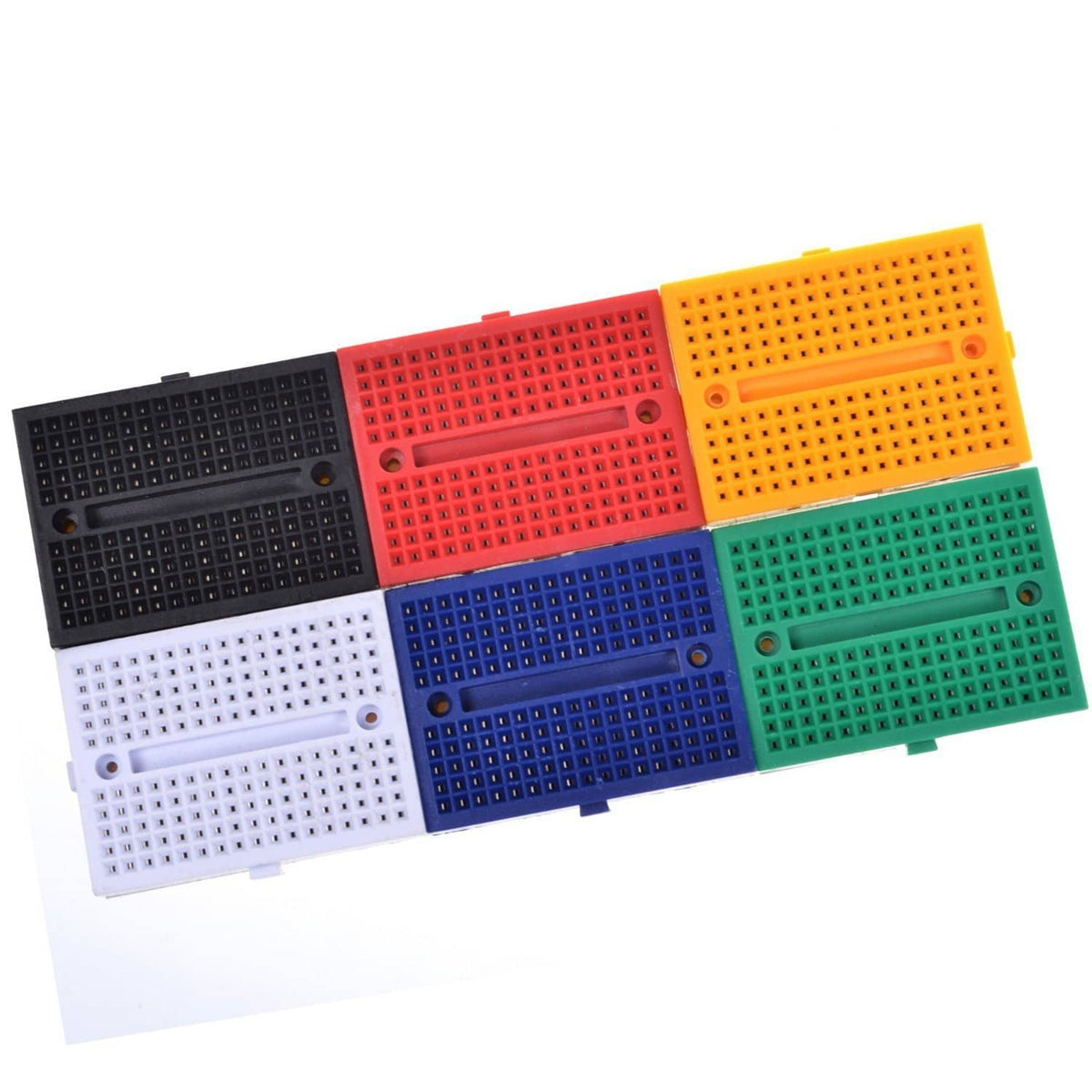 Multi-color mini solderless breadboards, 170 points, showing pin rows and center gaps.