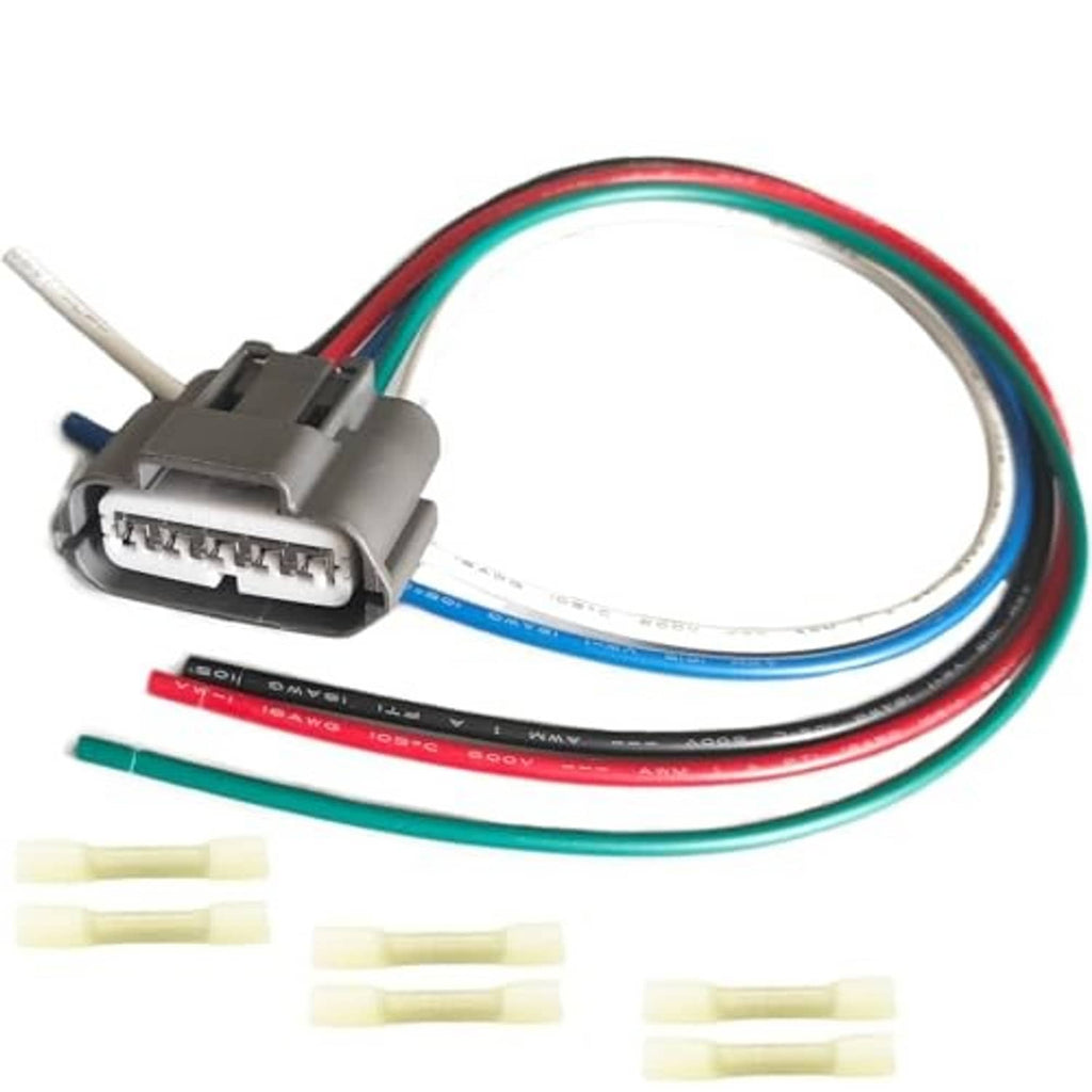 5-way fuel pump harness pigtail connector with gray housing and colored wire leads