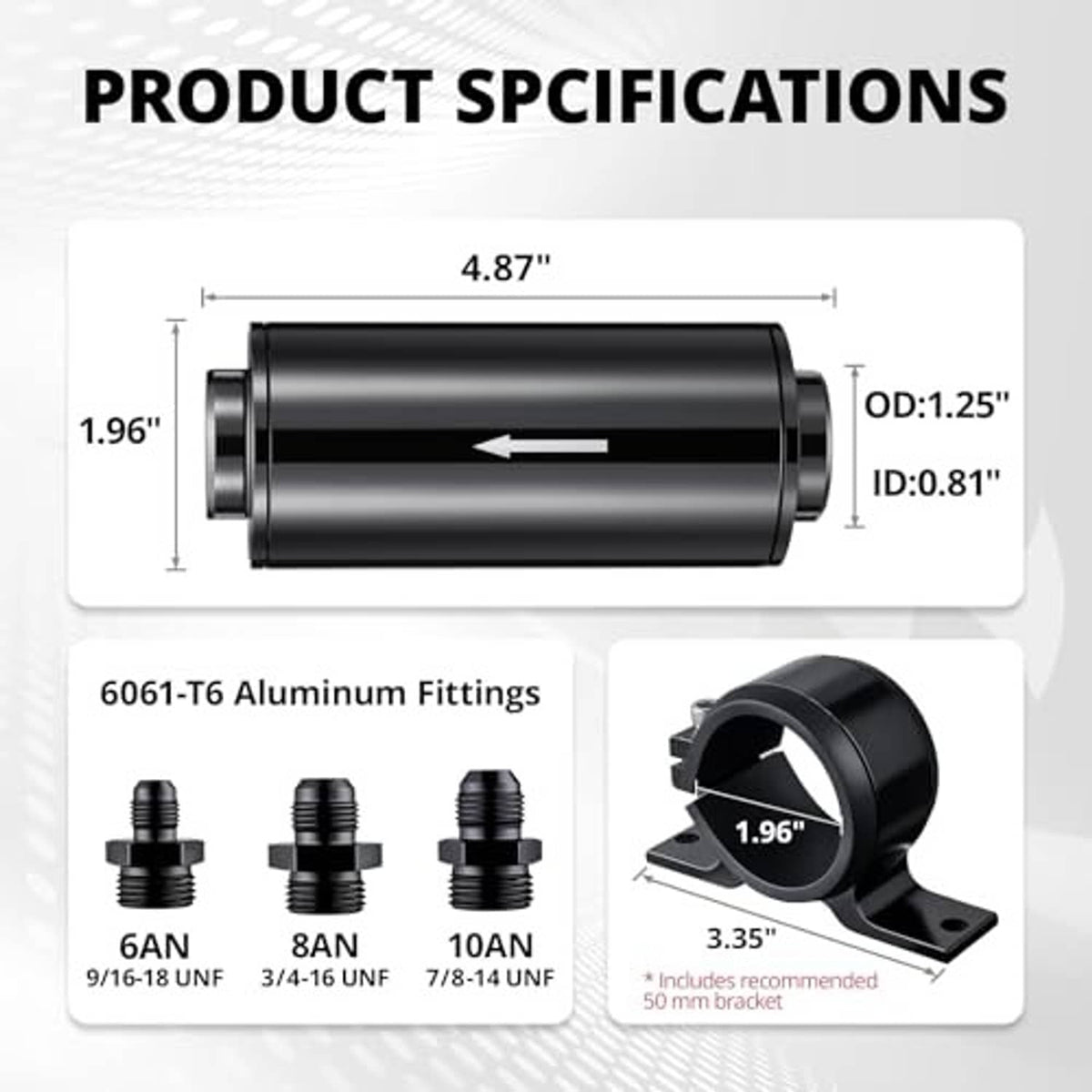 Inline fuel filter with mounting bracket, dimensions, and included 6AN/8AN/10AN fittings