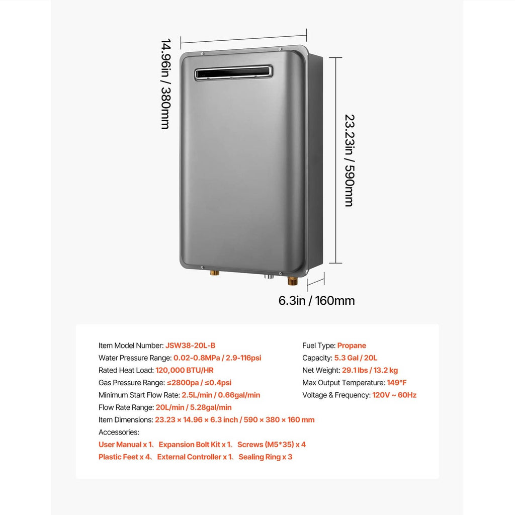 Propane tankless water heater dimension diagram with top vent and front view.