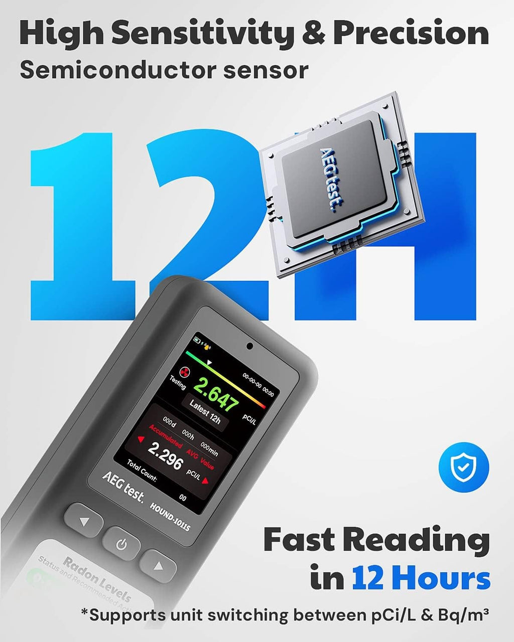 Grey radon detector with semiconductor sensor graphic for fast 12-hour reading