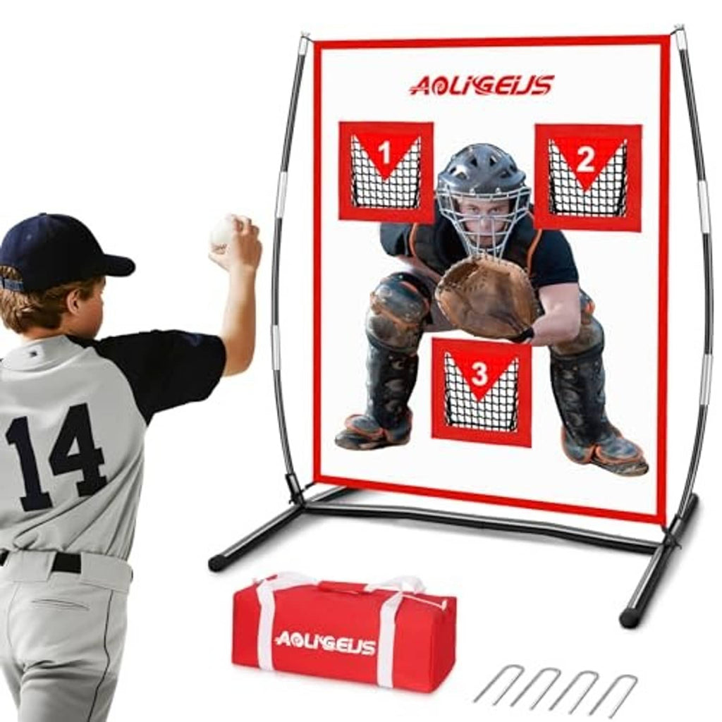 Baseball pitching target net with three red pocket target zones and catcher
