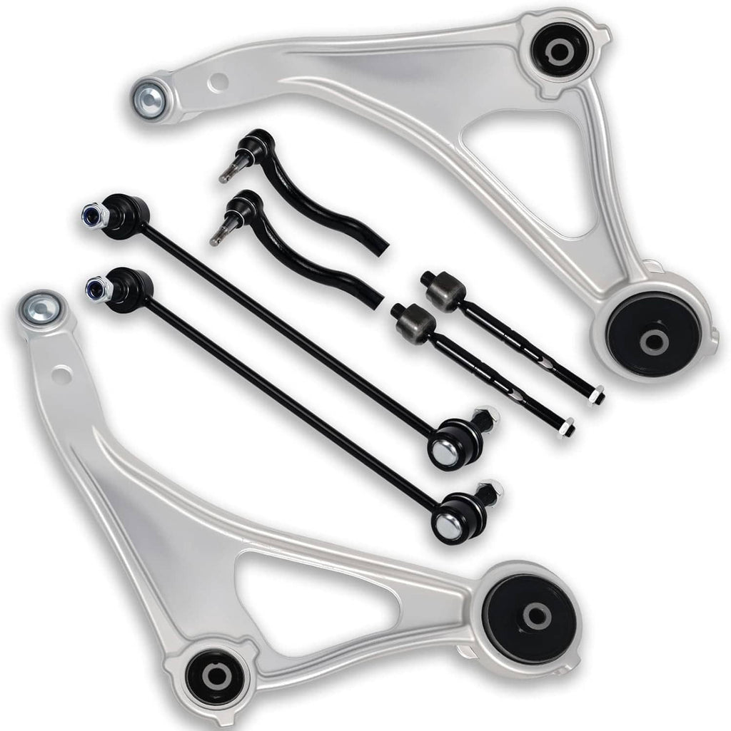 Front suspension control arms with silver metal bodies and black bushings and links