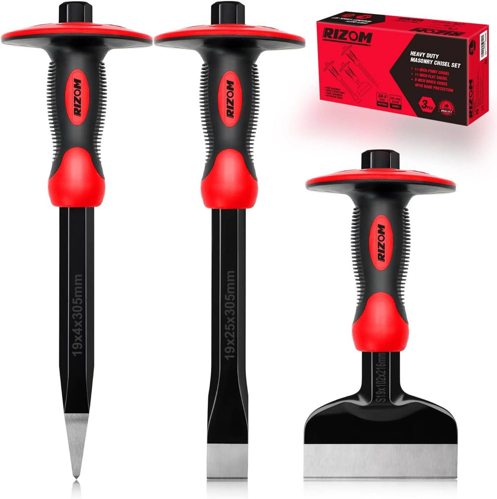 Three-piece stone chisel set: two front chisels and one side chisel with guards