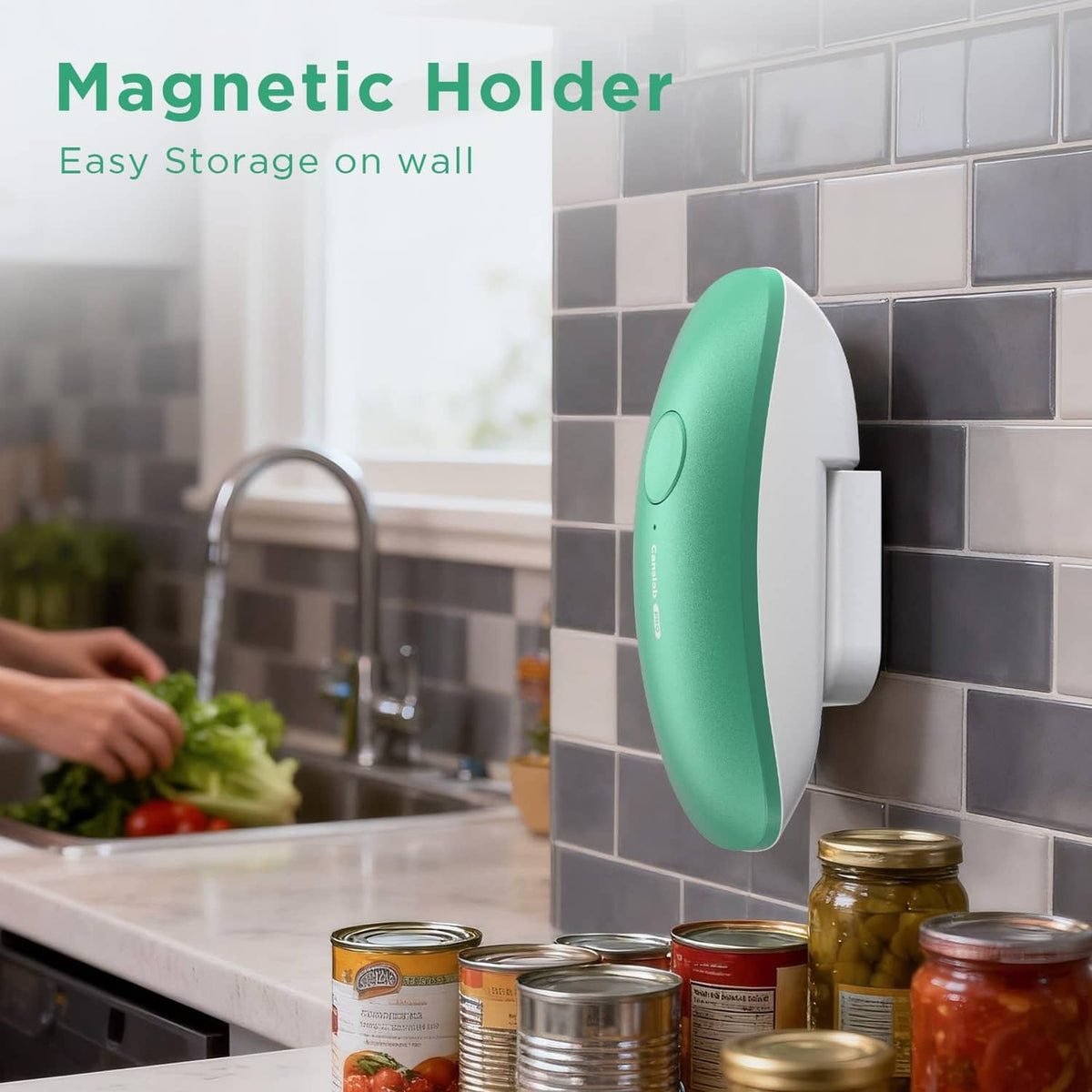 Teal and white rechargeable can opener mounted on a magnetic holder on the wall.