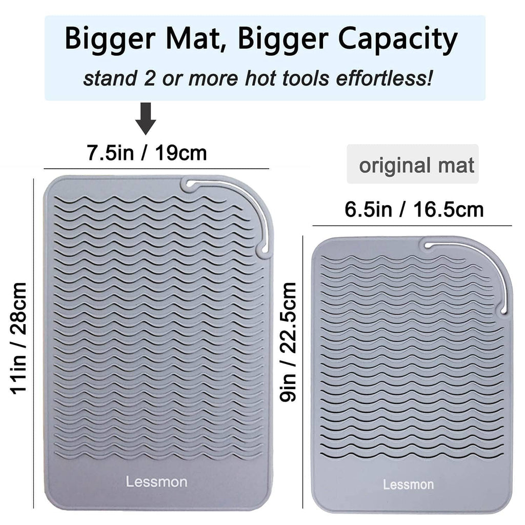 Gray heat-resistant mat with wavy grooves, side stand cutout, shown with size measurements