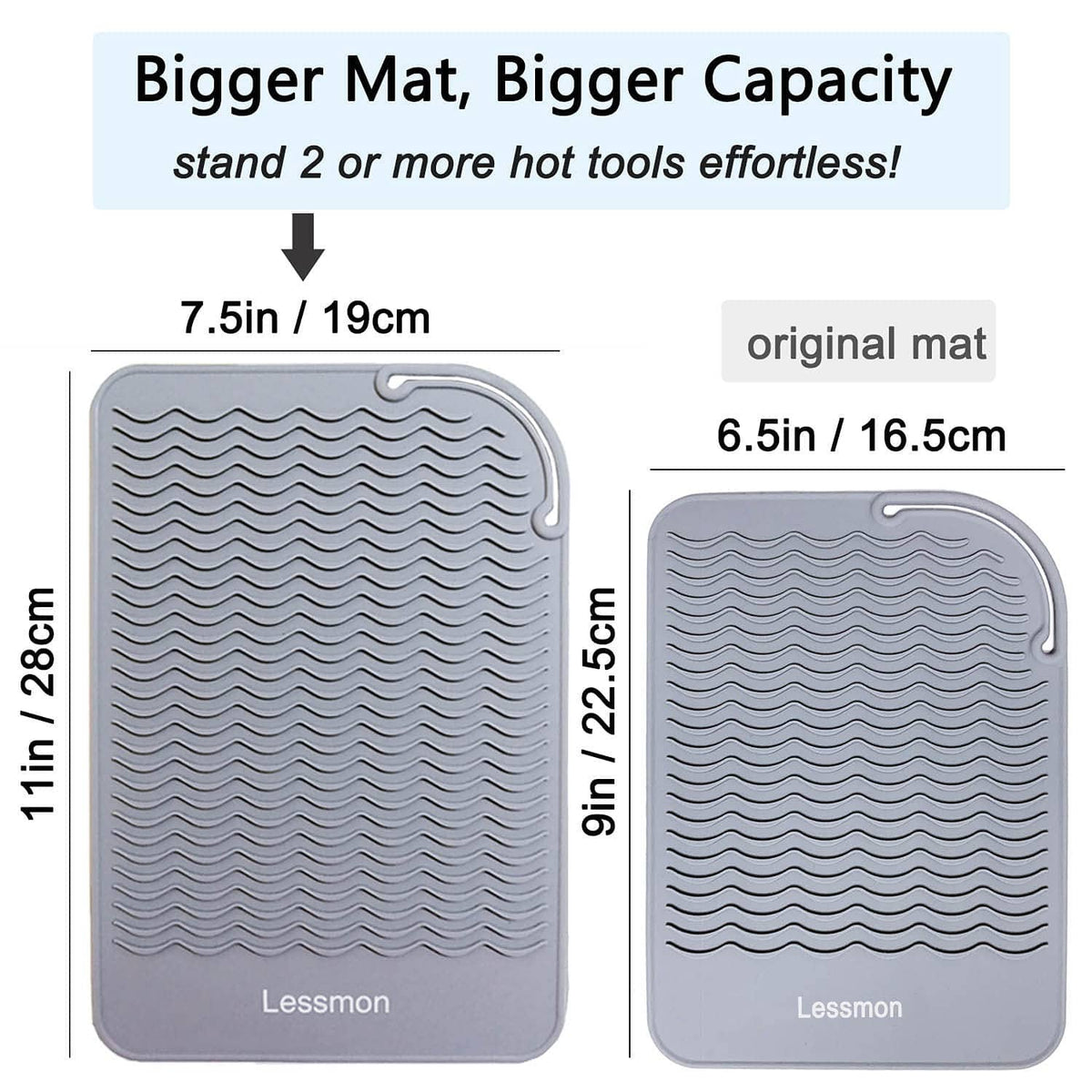 Gray heat-resistant mat with wavy grooves, side stand cutout, shown with size measurements