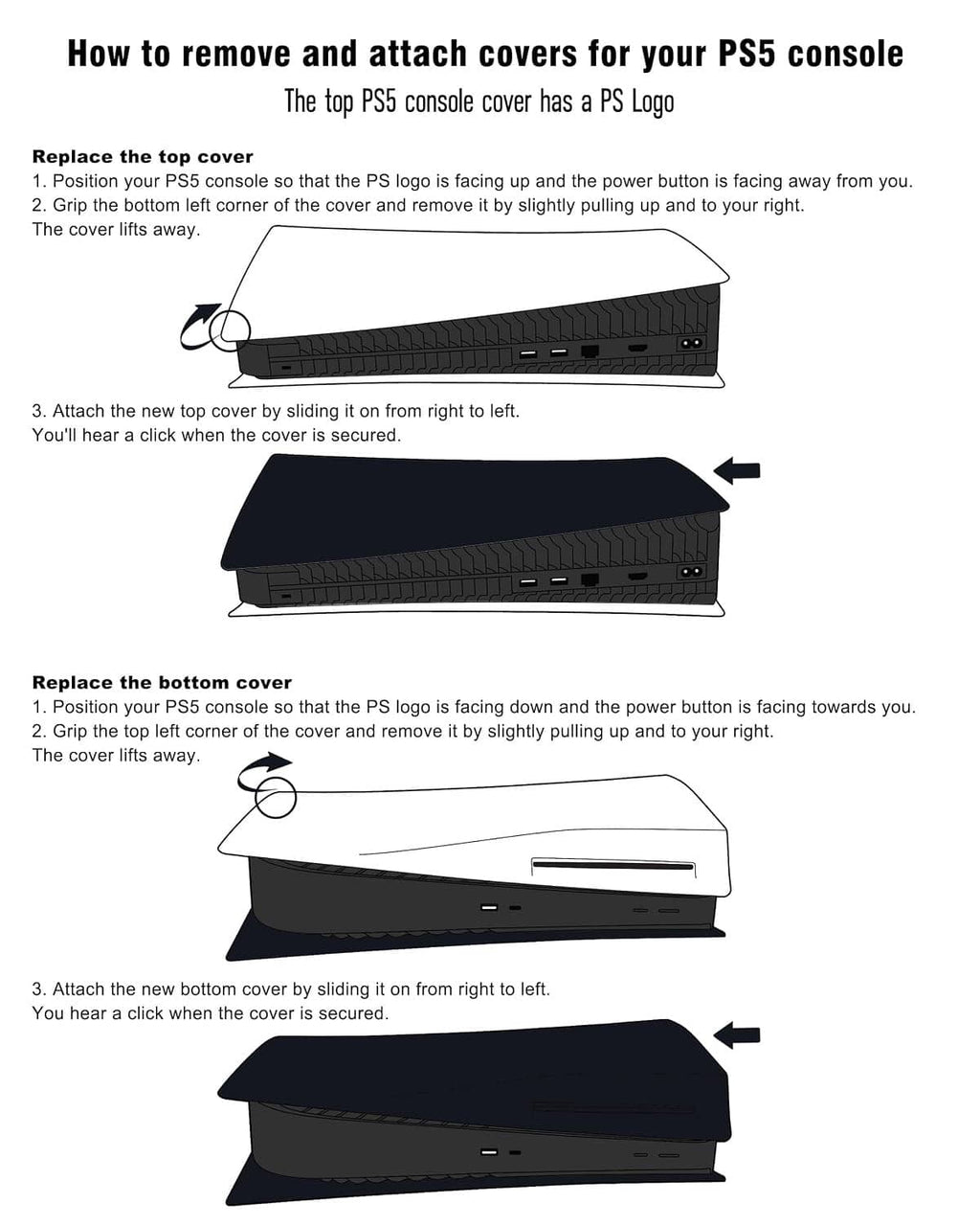 PS5 Disc Edition faceplate cover installation diagram, shows top and bottom cover fit