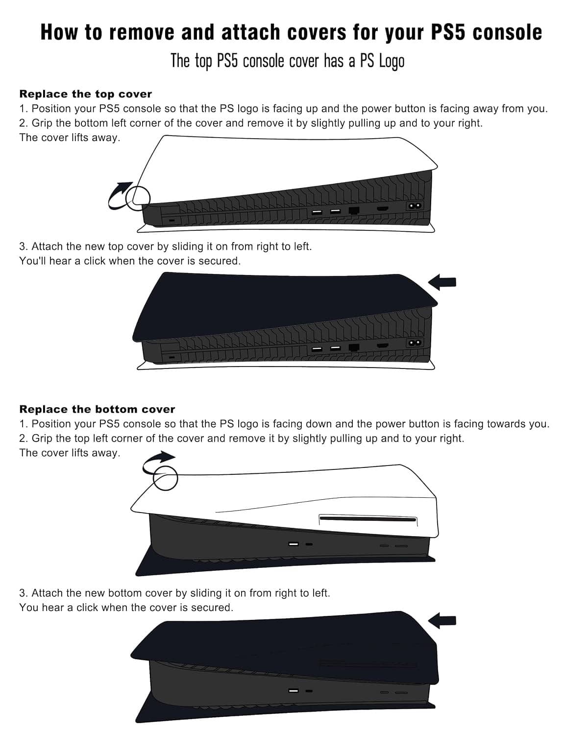 PS5 Disc Edition faceplate cover installation diagram, shows top and bottom cover fit