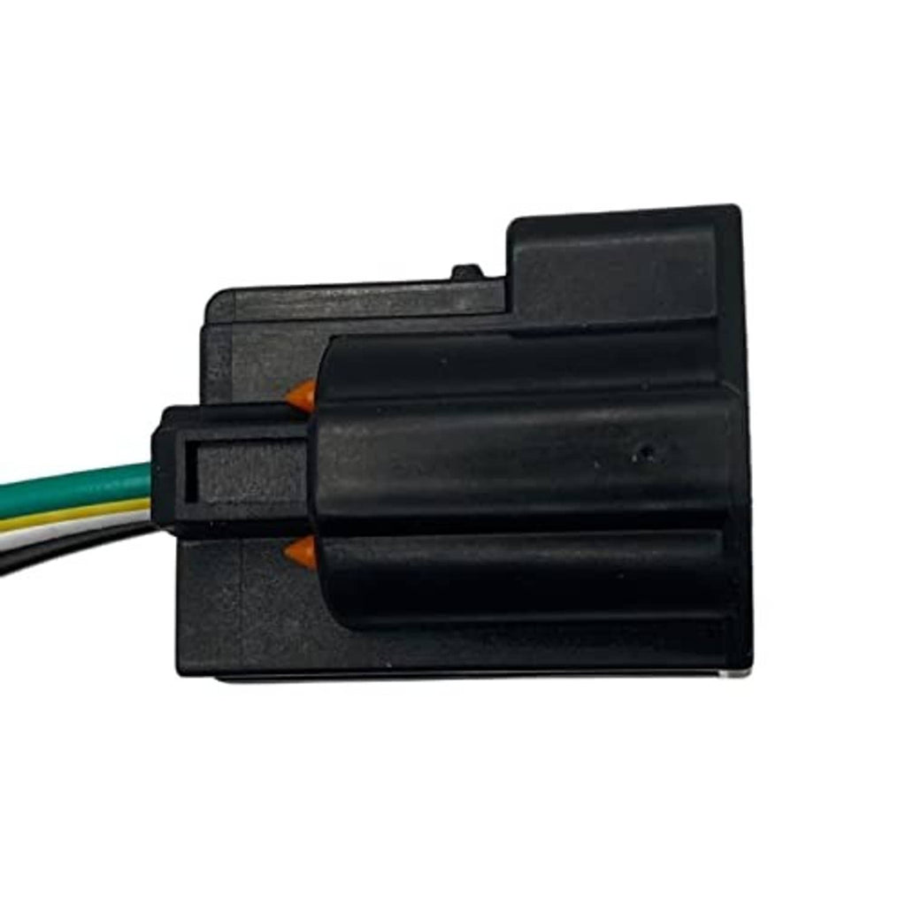 Black electrical connector housing with attached wire leads in green and blue