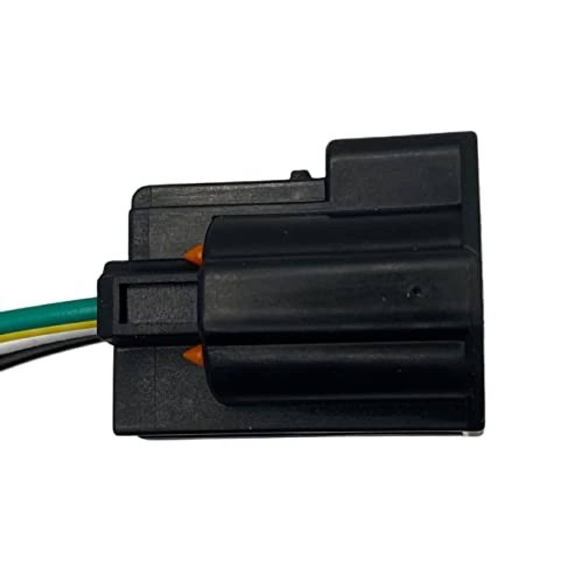 Black electrical connector housing with attached wire leads in green and blue
