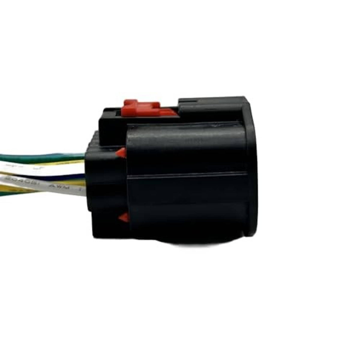 Headlight connector pigtail side view with black housing and multicolor leads