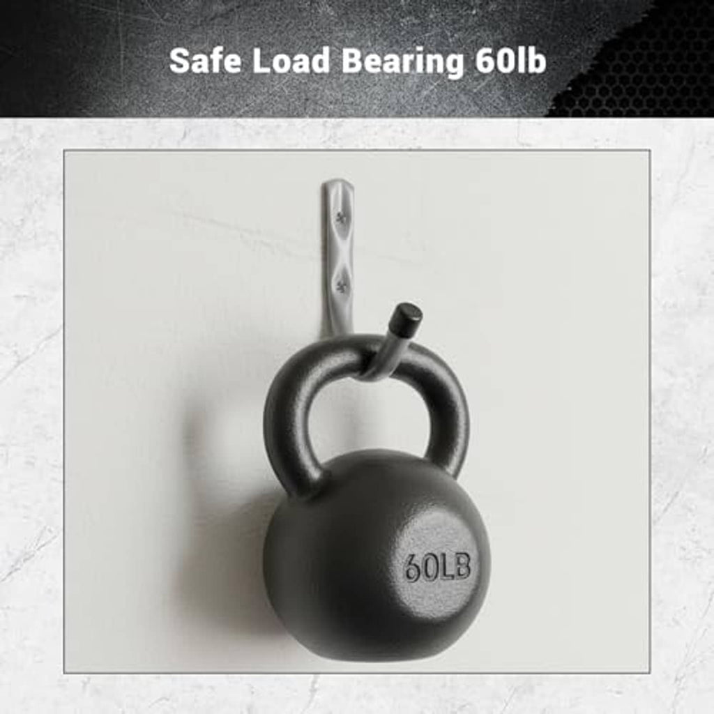 Gray wall hook with black rubber tip shown holding a 60 lb weight