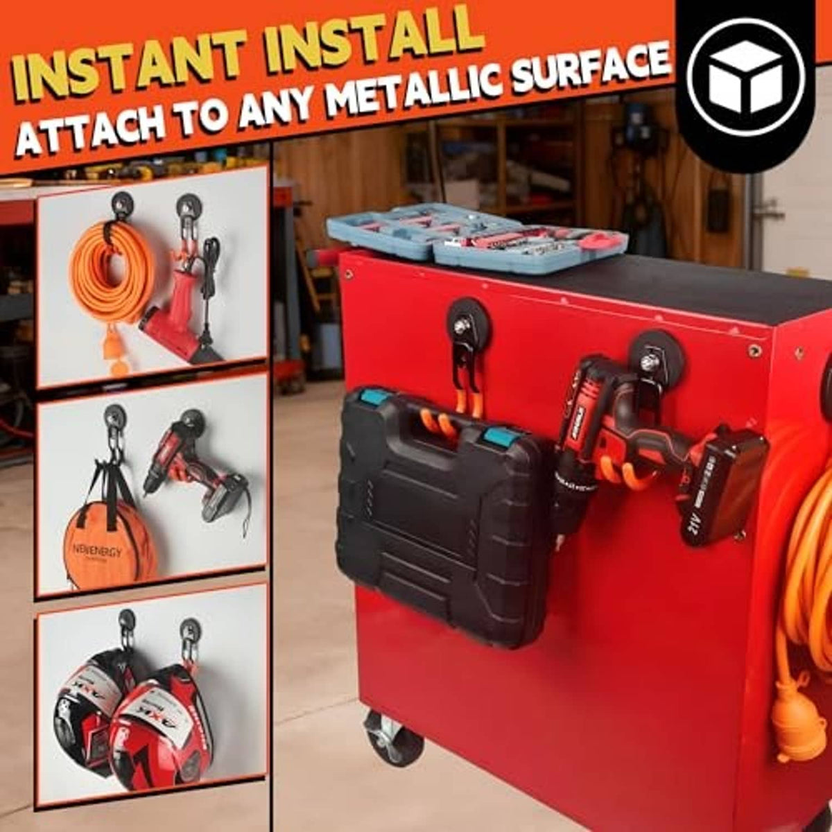 Orange magnetic hooks attached to a red tool cart panel with coiled cords