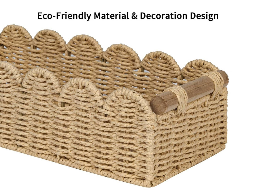 Beige scalloped woven toilet paper storage basket with two side handles