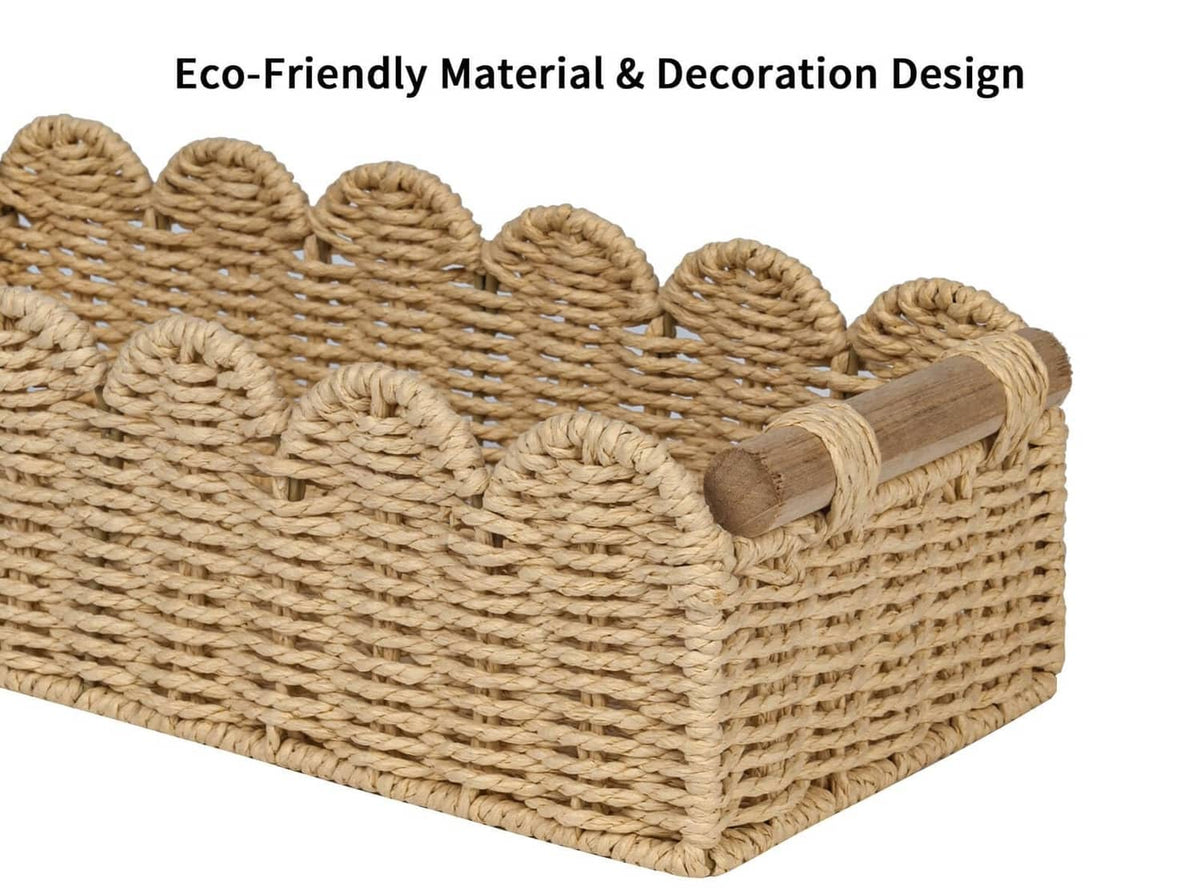 Beige scalloped woven toilet paper storage basket with two side handles