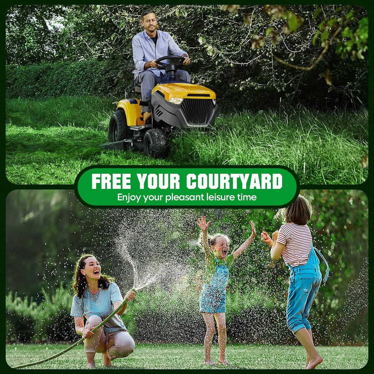 Deck rebuild kit promo scene with lawn mower and children playing in yard