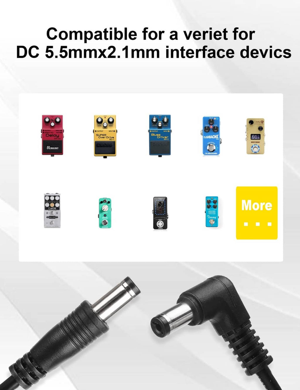 DC power cable with straight and angled male barrel plugs
