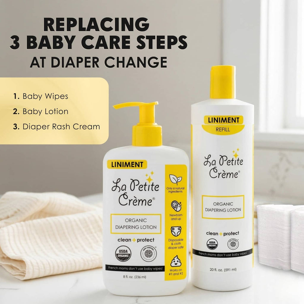La Petite Creme French diapering lotion bottles with yellow pumps, white bottles